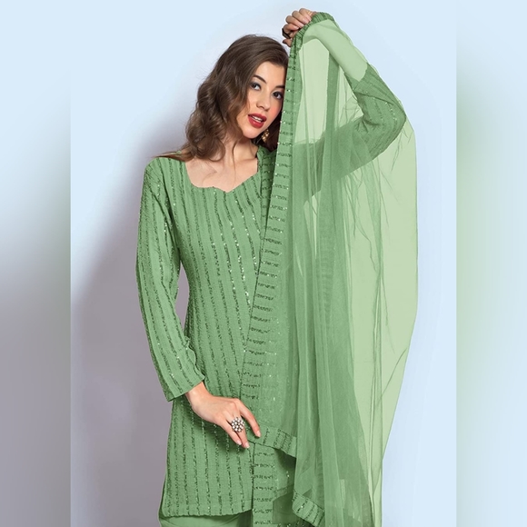 Faux Georgette Sequence Embroidered Semi Stitched Kurta, Sharara and Dupatta Set - Picture 6 of 12